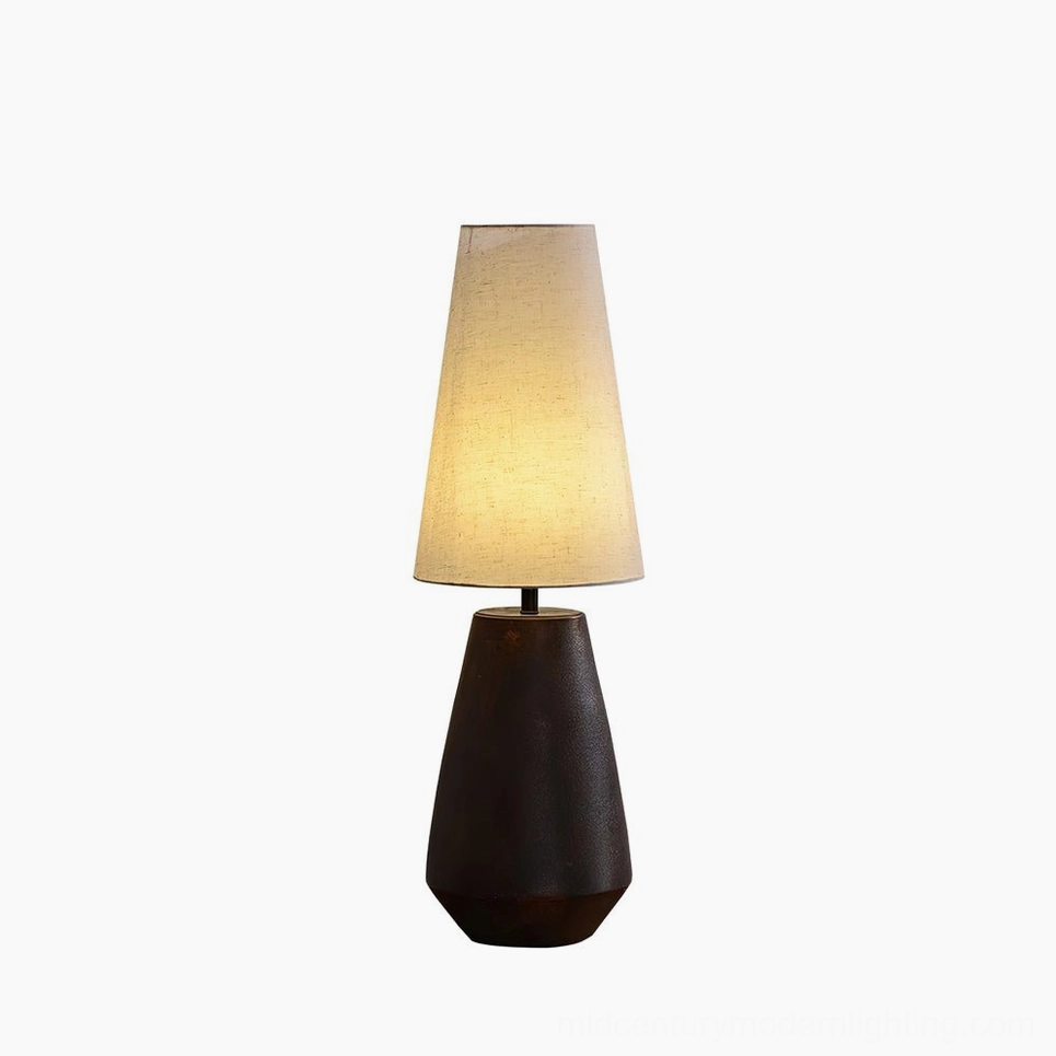 Ceramic tapered table lamp white finish with beige shade, clean contemporary mid-century modern design