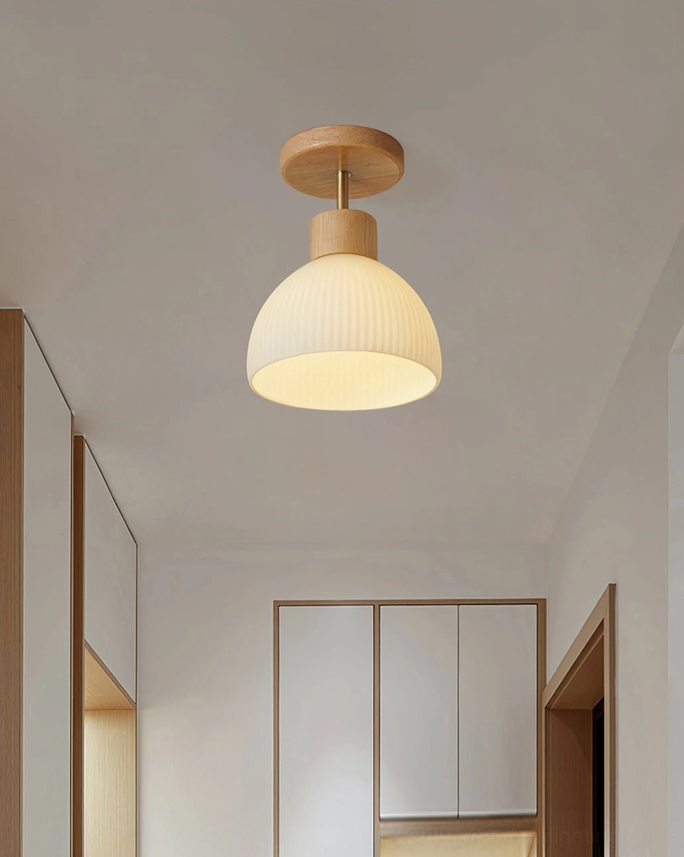 Ribbed ceramic semi-flush ceiling lamp detail, natural wood and white ceramic materials
