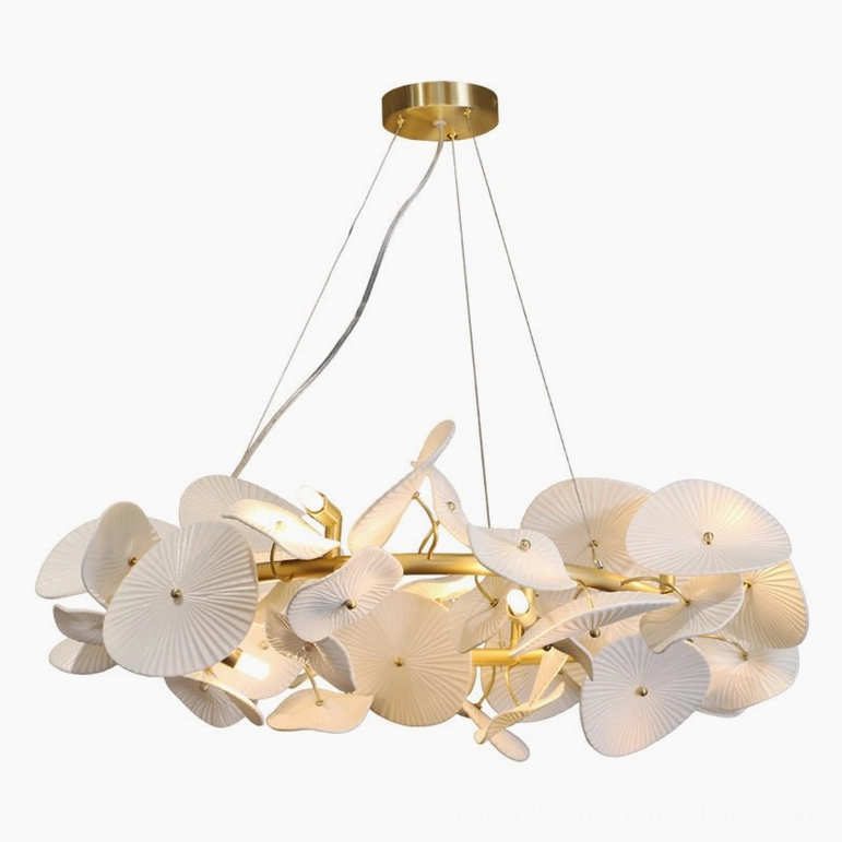 Large ceramic wreath chandelier (100cm) creating dramatic focal point with polished brass frame and intricate white ceramic details