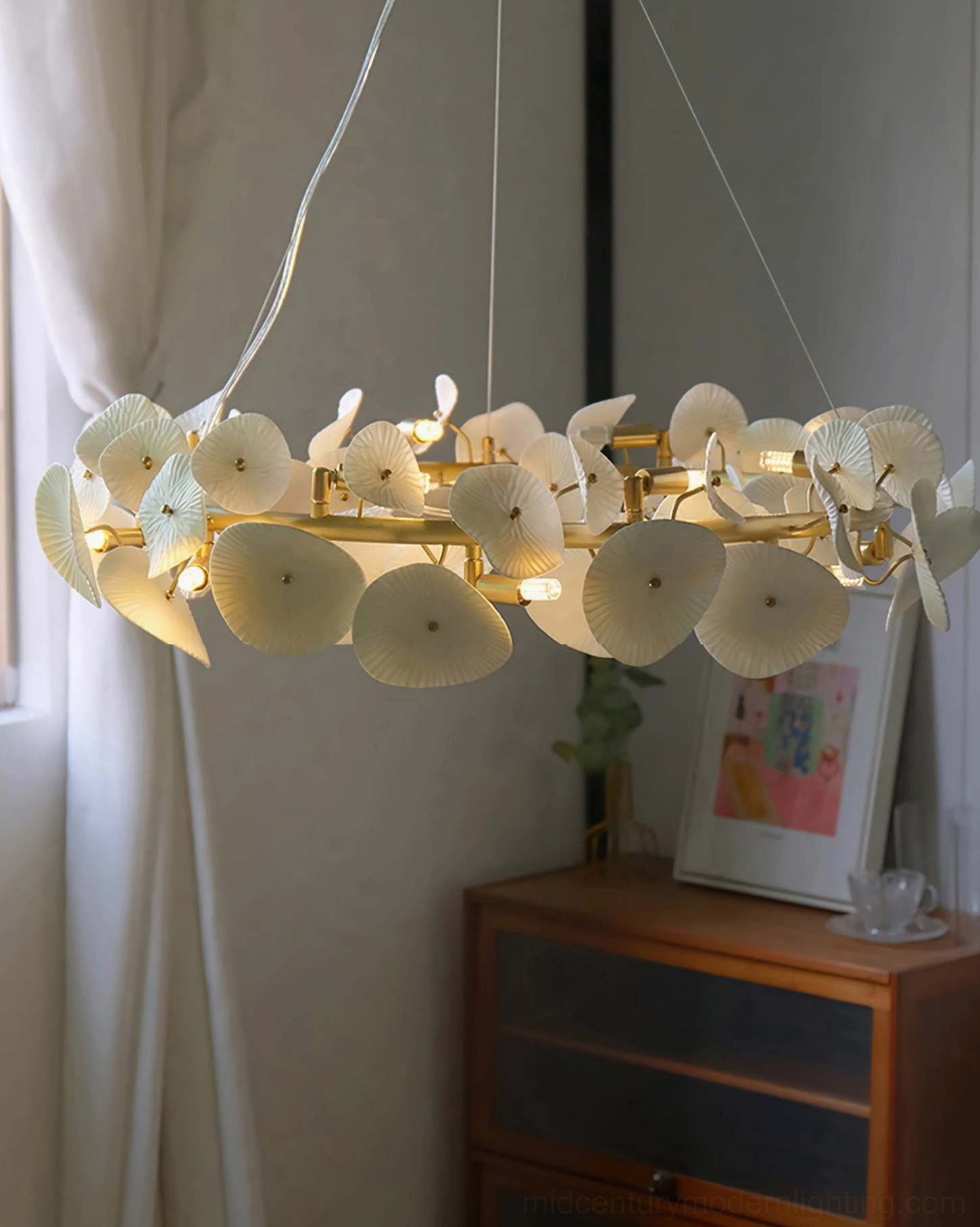 Ceramic wreath chandelier suspended in minimalist living room with side view perspective, warm ambient lighting aesthetic