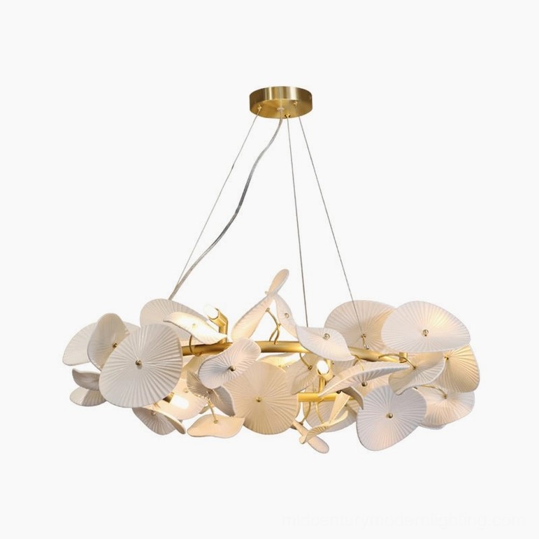 Medium-size ceramic wreath pendant chandelier (80cm) installed in dining room ambiance with soft warm white illumination