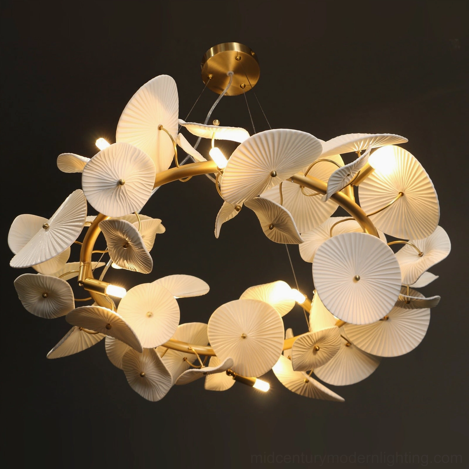 Ceramic wreath chandelier size scale reference showing the dramatic presence and proportional impact of this statement lighting fixture