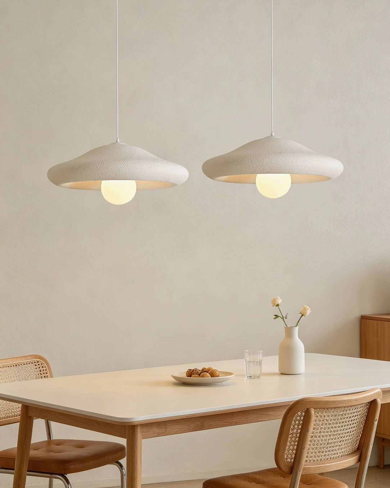 Chalk pendant light above minimalist dining area with beige decor and textured shade detail