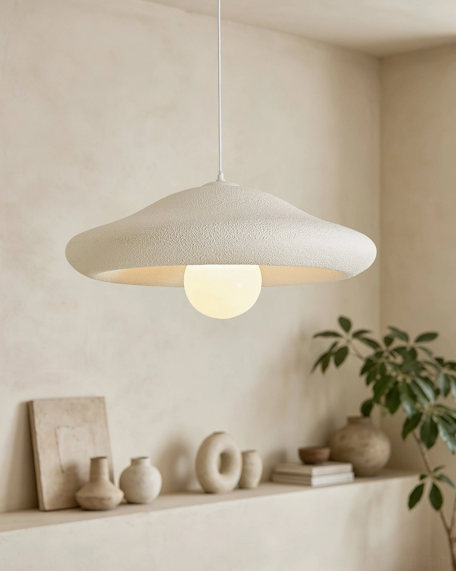 Single Chalk pendant light in boho styled corner with decorative shelf and green potted plant