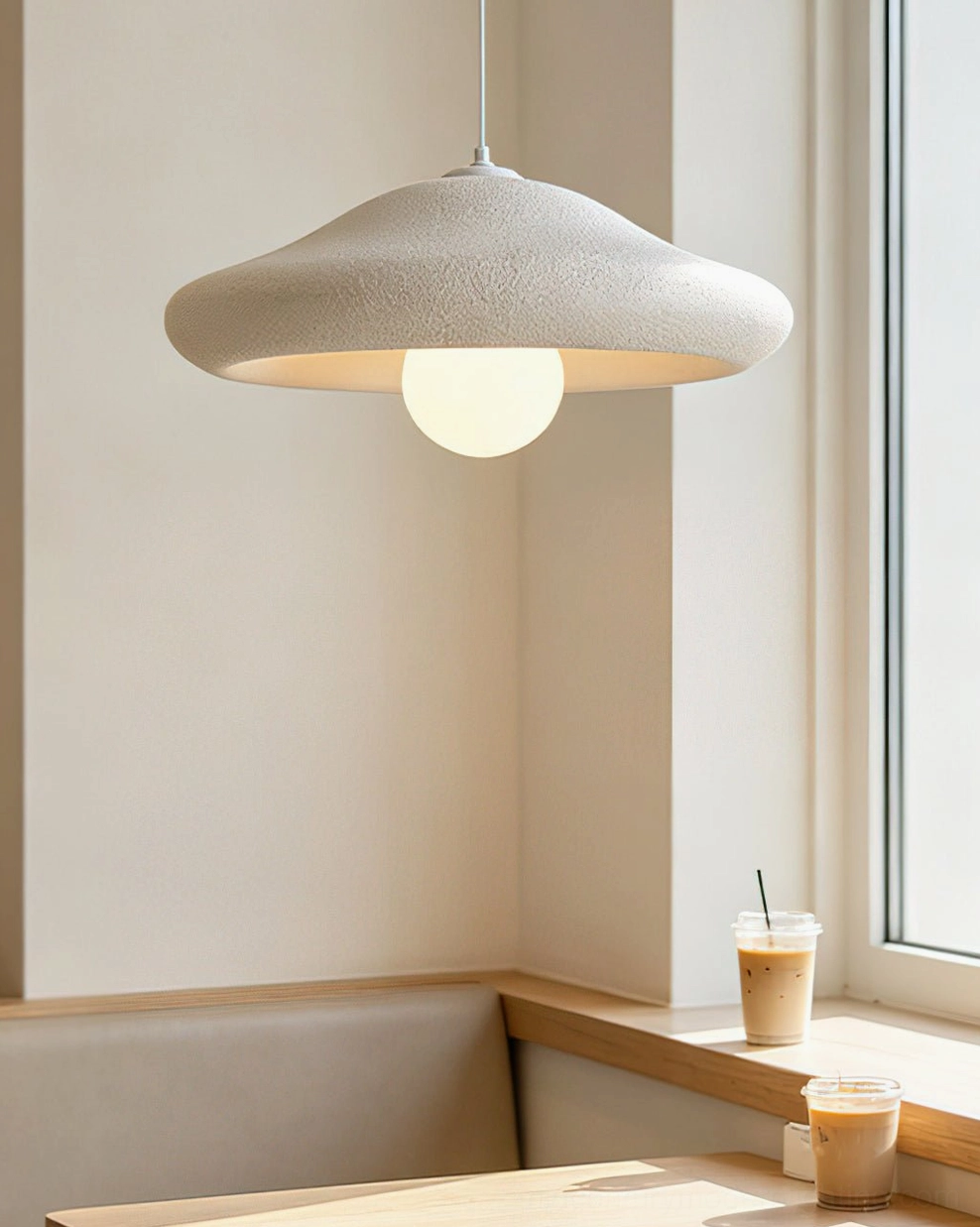 Chalk pendant light beside window in dining nook with coffee and minimalist aesthetic