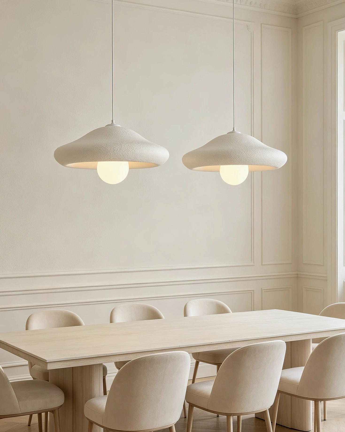 Dual Chalk pendant lights illuminating large formal dining room with upholstered chairs and paneled walls