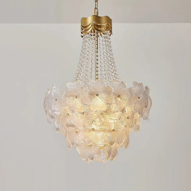 Front angled view of crystal chandelier showing detailed frosted glass petal formation and internal LED lighting
