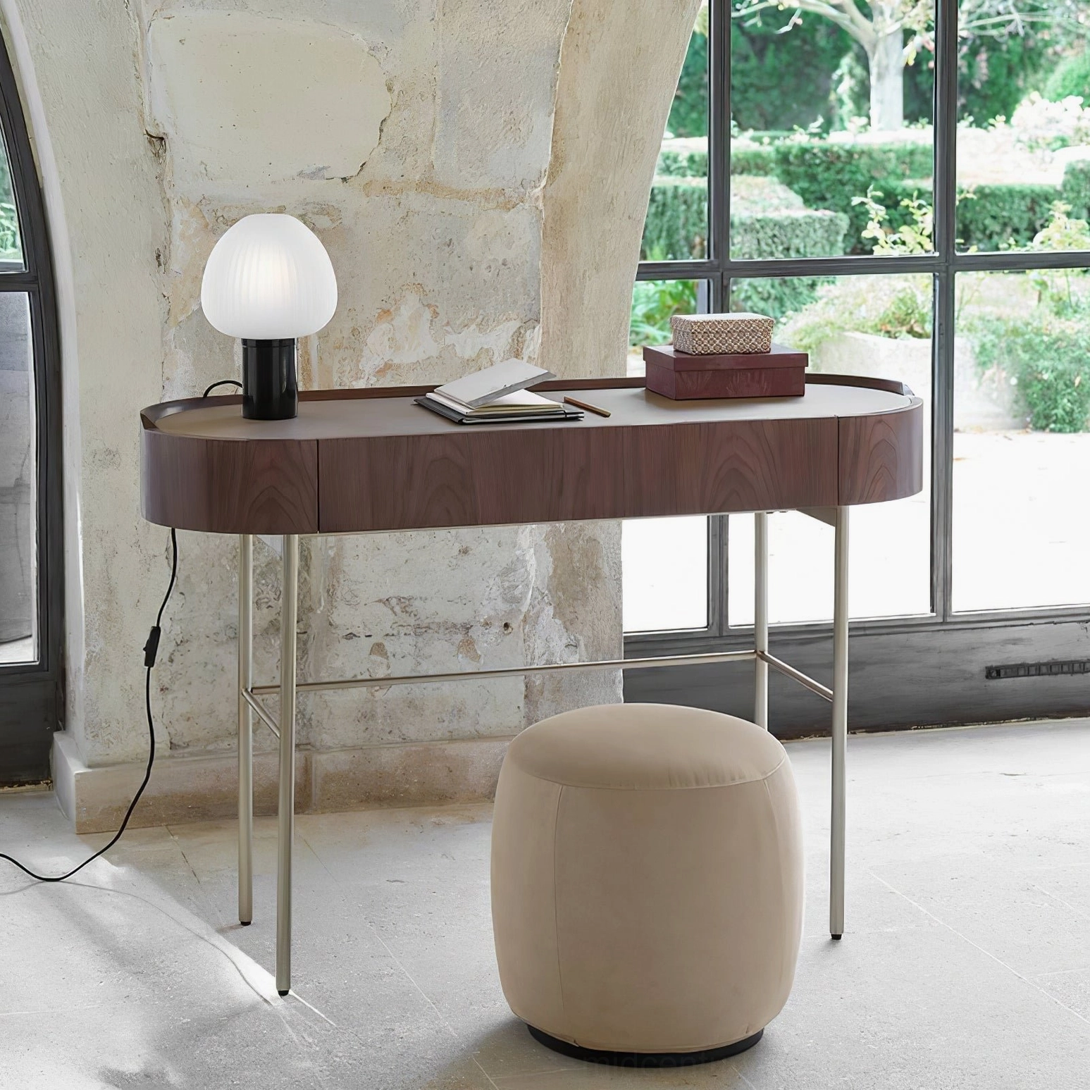 Chanya frosted glass table lamp creating soft diffused light in modern workspace and desk setting