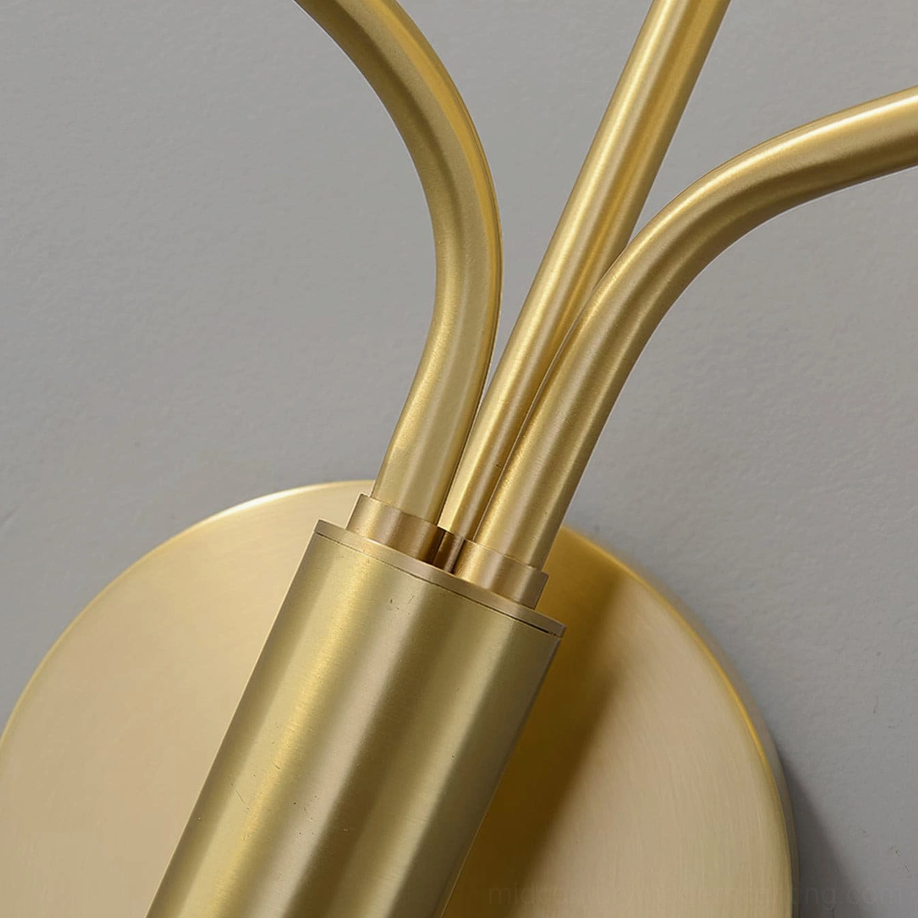 Close-up detail of Chelso wall sconce brushed brass mounting hardware and arms