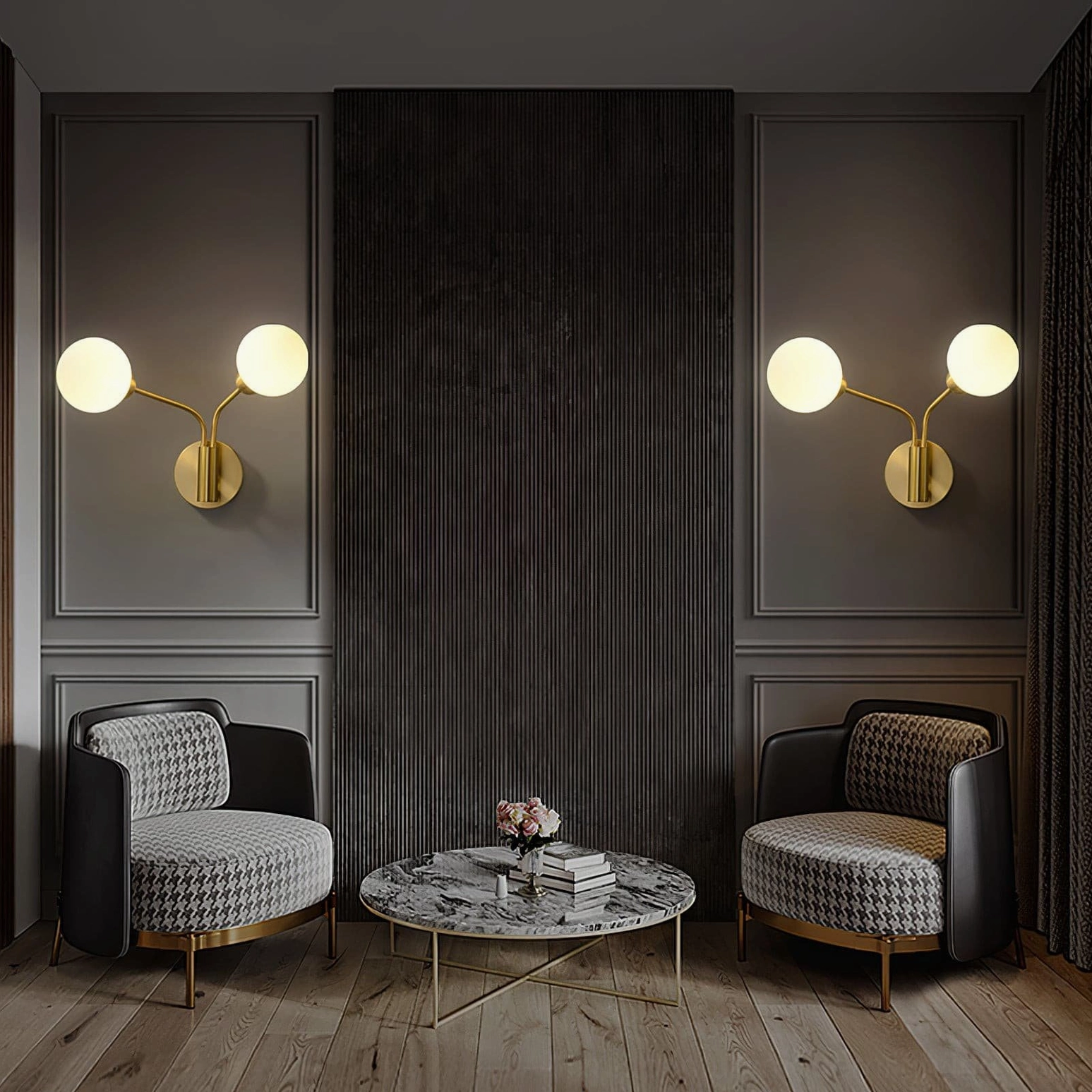 Paired Chelso wall sconces in upscale living room with marble coffee table