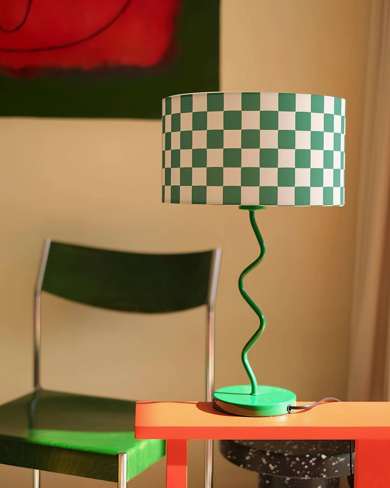 Checkered table lamp base and stem construction showing durable metal framework