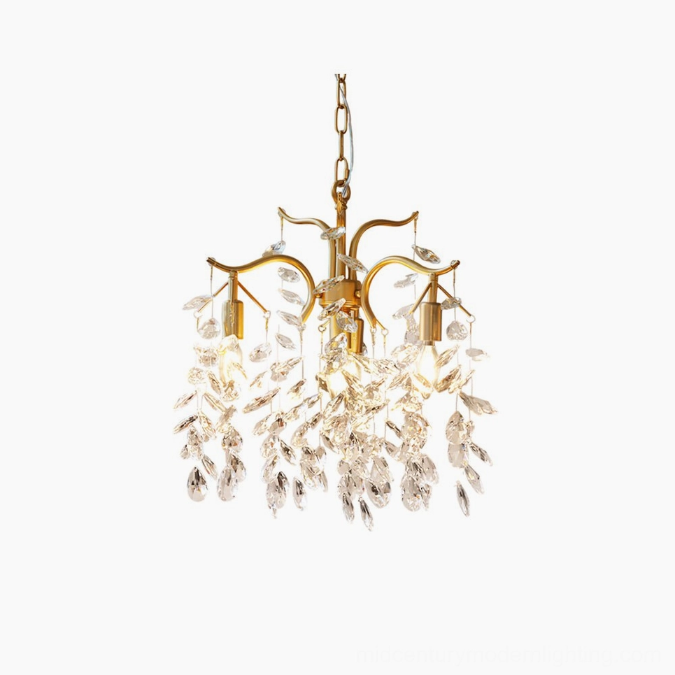Chloe crystal leaf pendant chandelier with cascading clear glass leaf droplets on polished brass gold frame, front view on white background