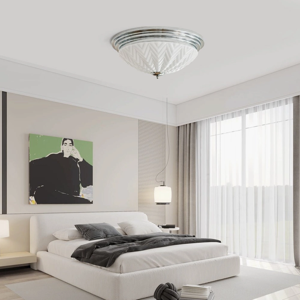 Chrome and frosted glass ceiling lamp shade detail, texture and craftsmanship closeup view