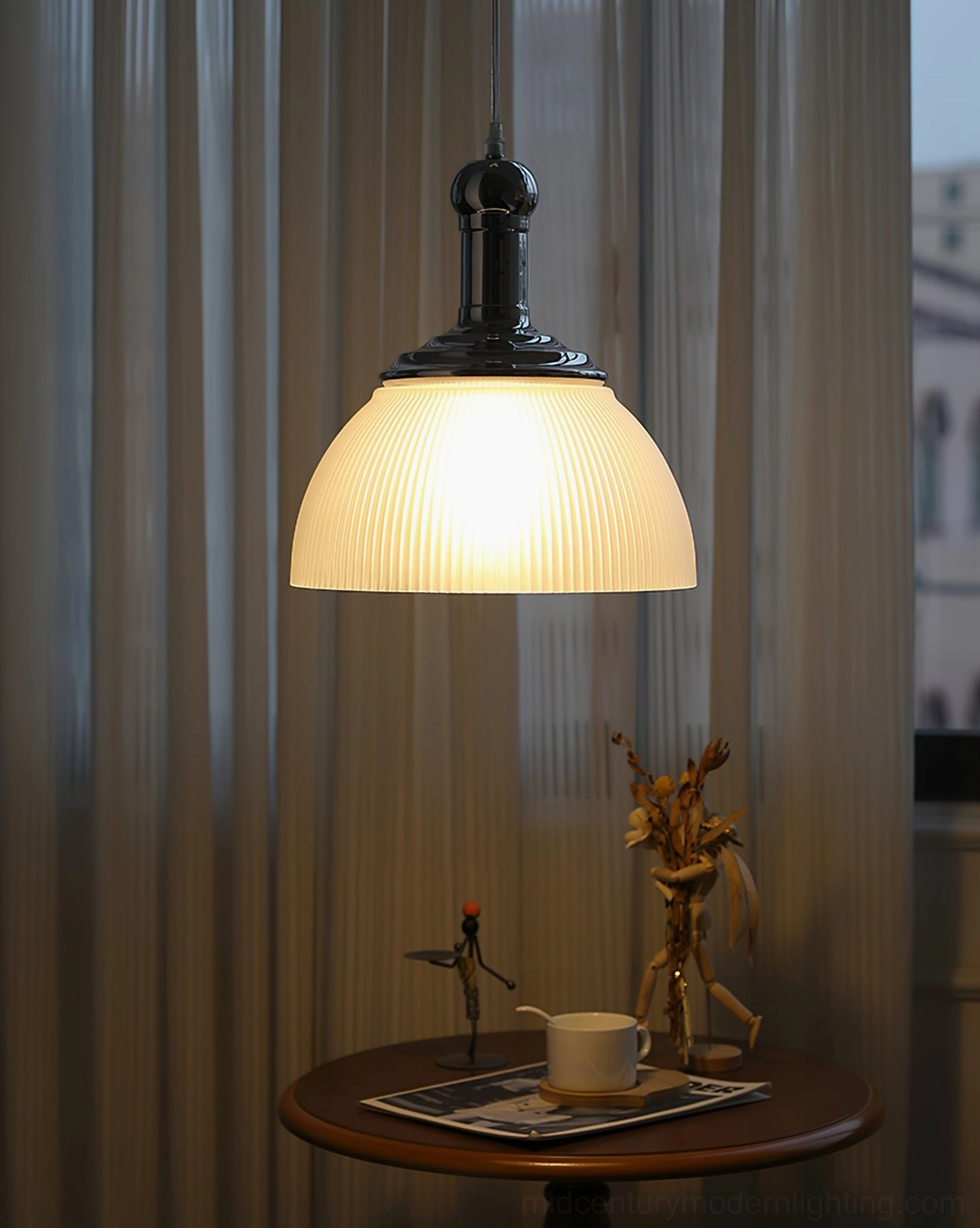 Polished chrome ribbed pendant fixture available in white and smoke gray glass options