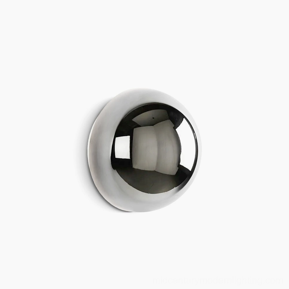 Modern minimalist sphere wall sconce with polished chrome finish - front studio view showing convex metal dome