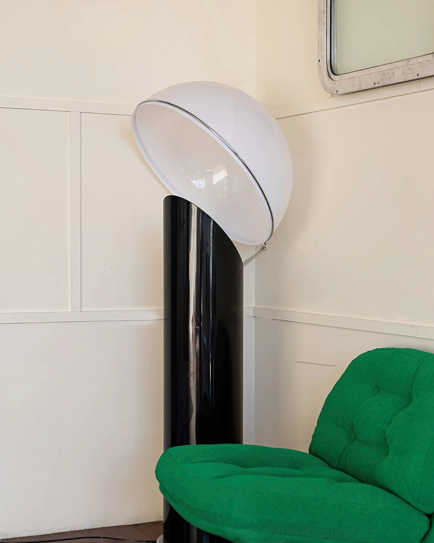 Ciot floor lamp side view with black tall pole and angled white dome shade in vintage interior