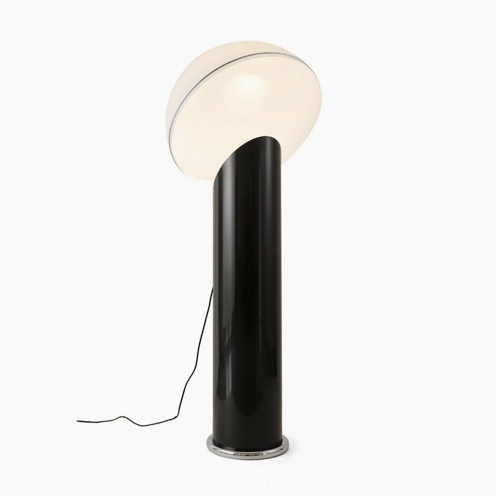 Ciot modern floor lamp with black glossy pole and white dome shade, front view in studio setting