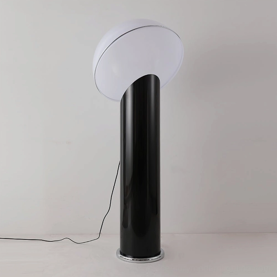 Ciot floor lamp unlit, showcasing sleek black pole and white dome design on plain background