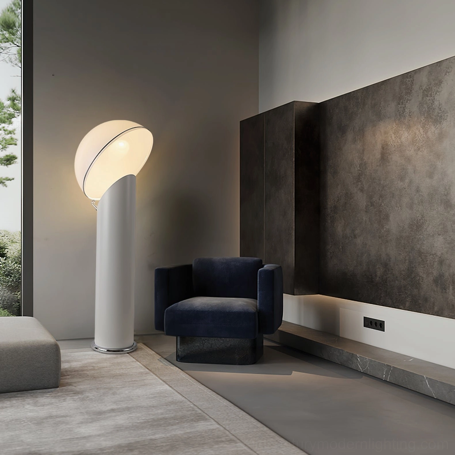 Ciot sculptural floor lamp detail view showing black metal pole and white acrylic dome construction