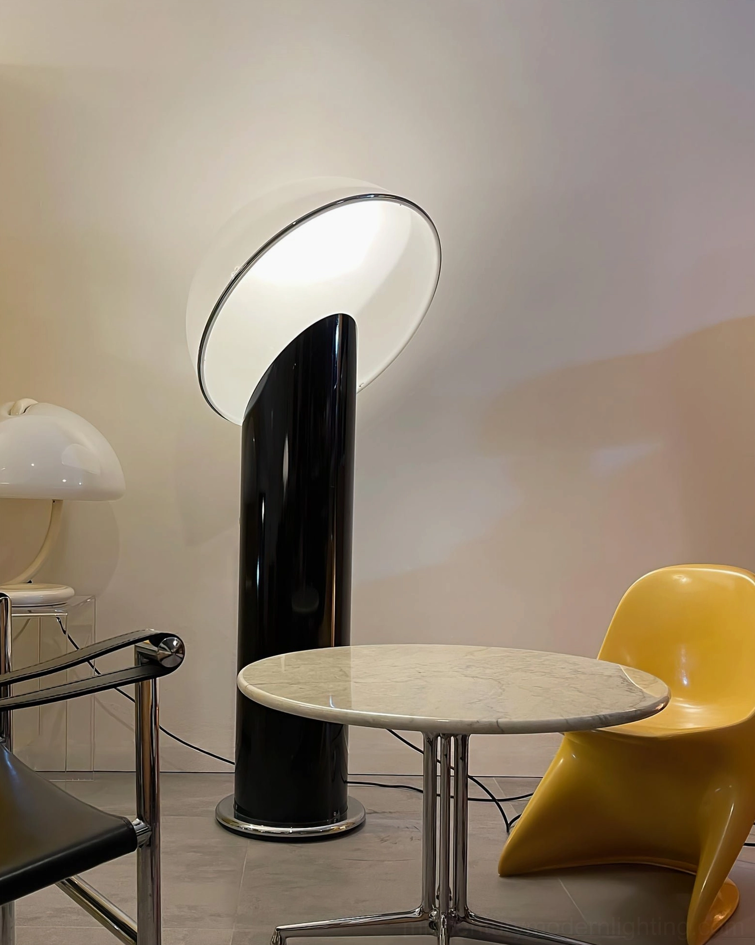 Ciot modern floor lamp with white finish dome and black base, mid-century modern aesthetic