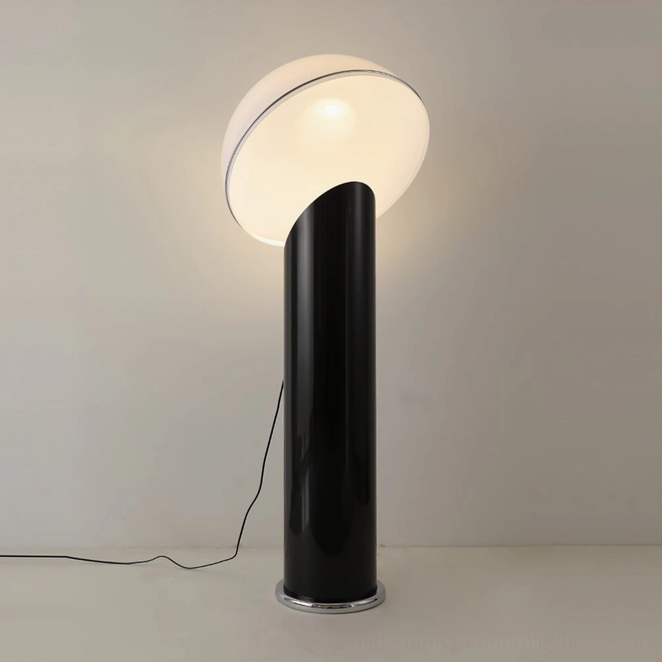 Ciot sculptural floor lamp illuminated with black metal base and luminous white acrylic shade