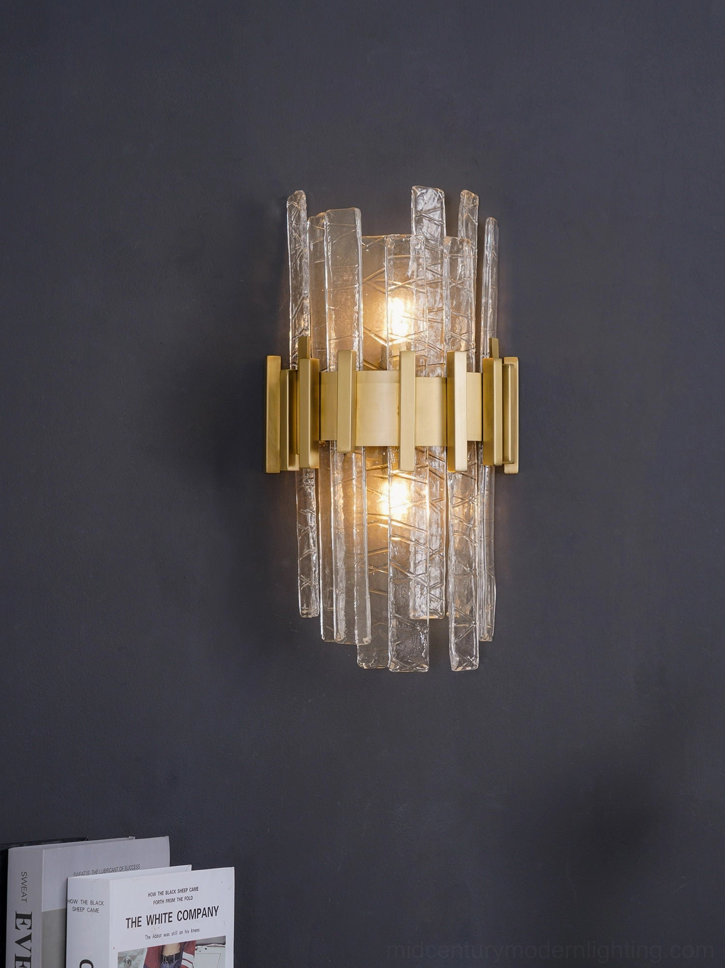 Ciro wall sconce illuminated on dark blue wall showing diffused light quality