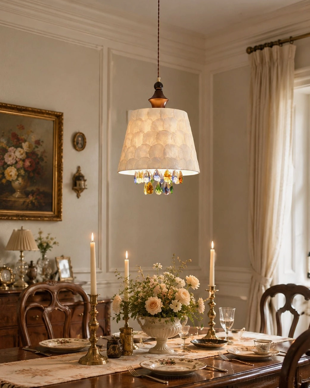 Classic capiz shell pendant chandelier in traditional formal dining room with candle centerpiece, floral wall art, dark wooden table