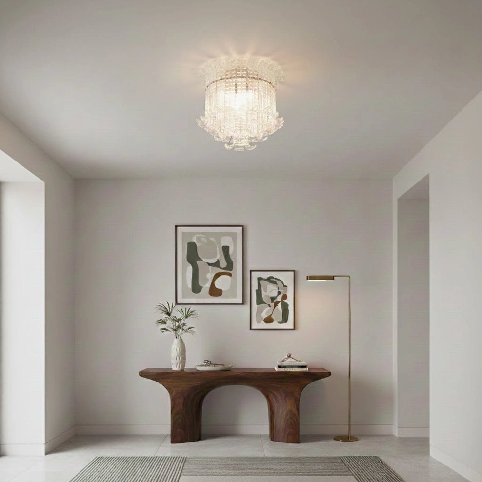 Clear crystal layered ceiling chandelier, minimalist entryway, tiered glass design with warm glow