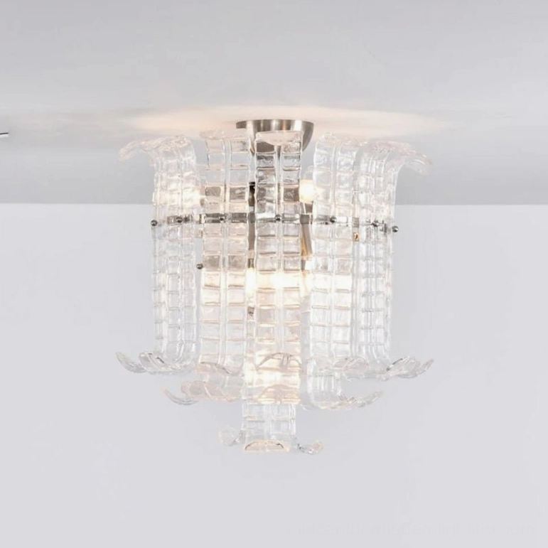Clear and nickel Murano glass ceiling lamp, crystal-clear leaf panels, brushed nickel fixture, contemporary design