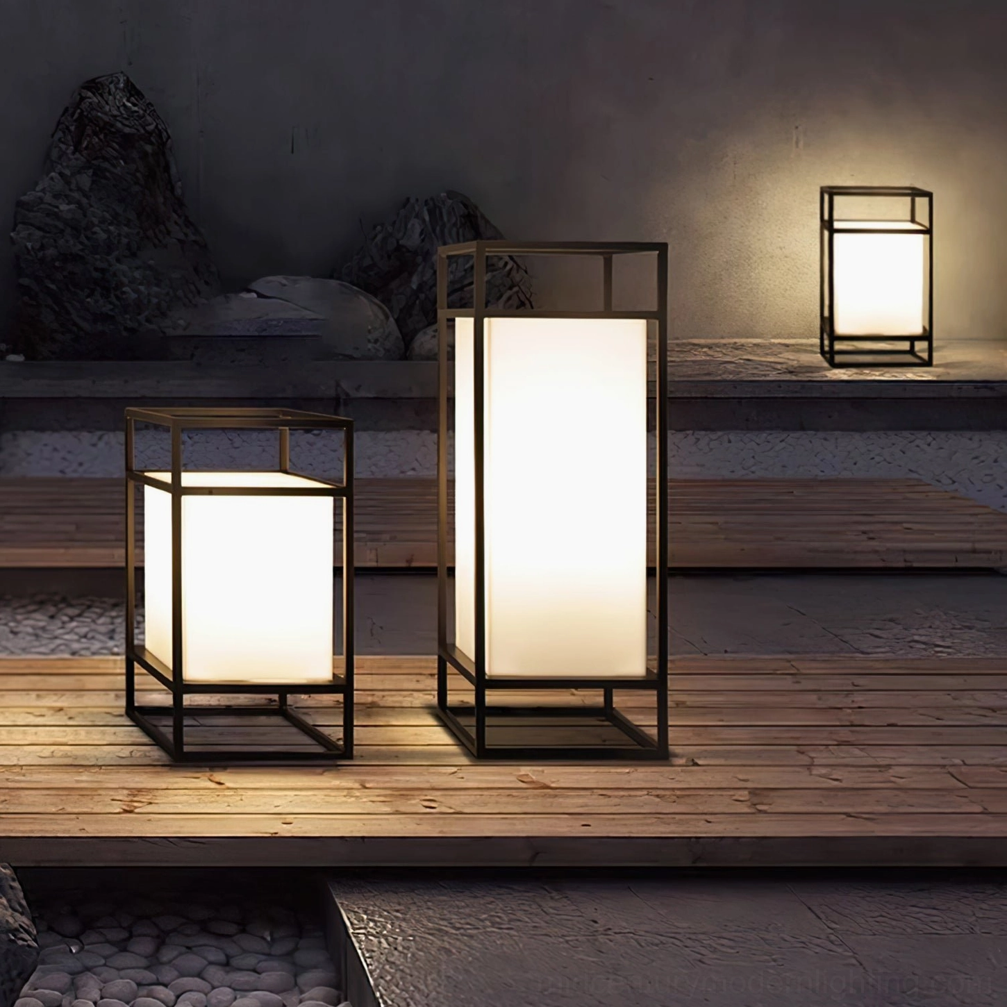 Cleo mixed-size courtyard lanterns Japanese stone courtyard wooden deck
