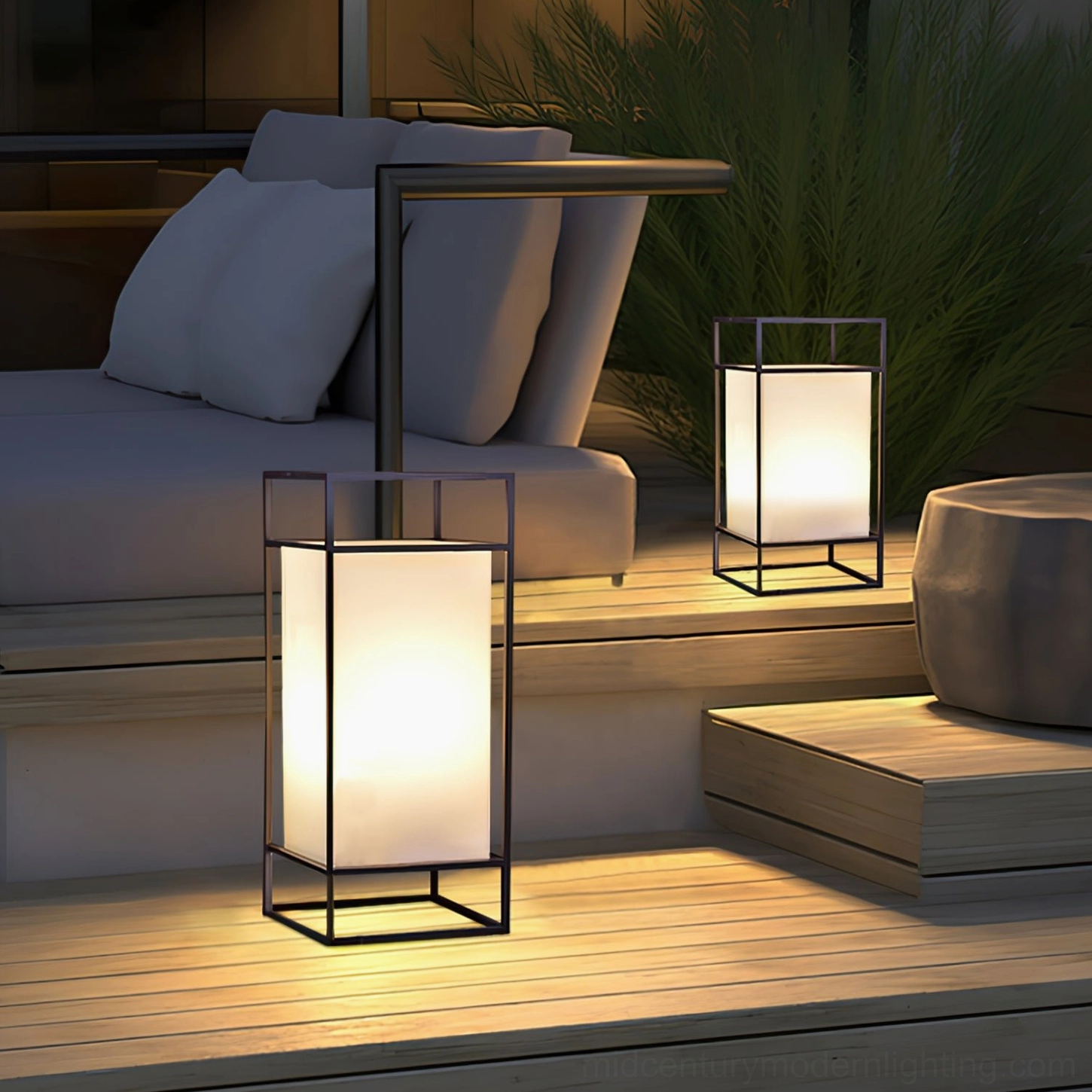 Cleo outdoor lounge deck lanterns wooden patio seating area nighttime