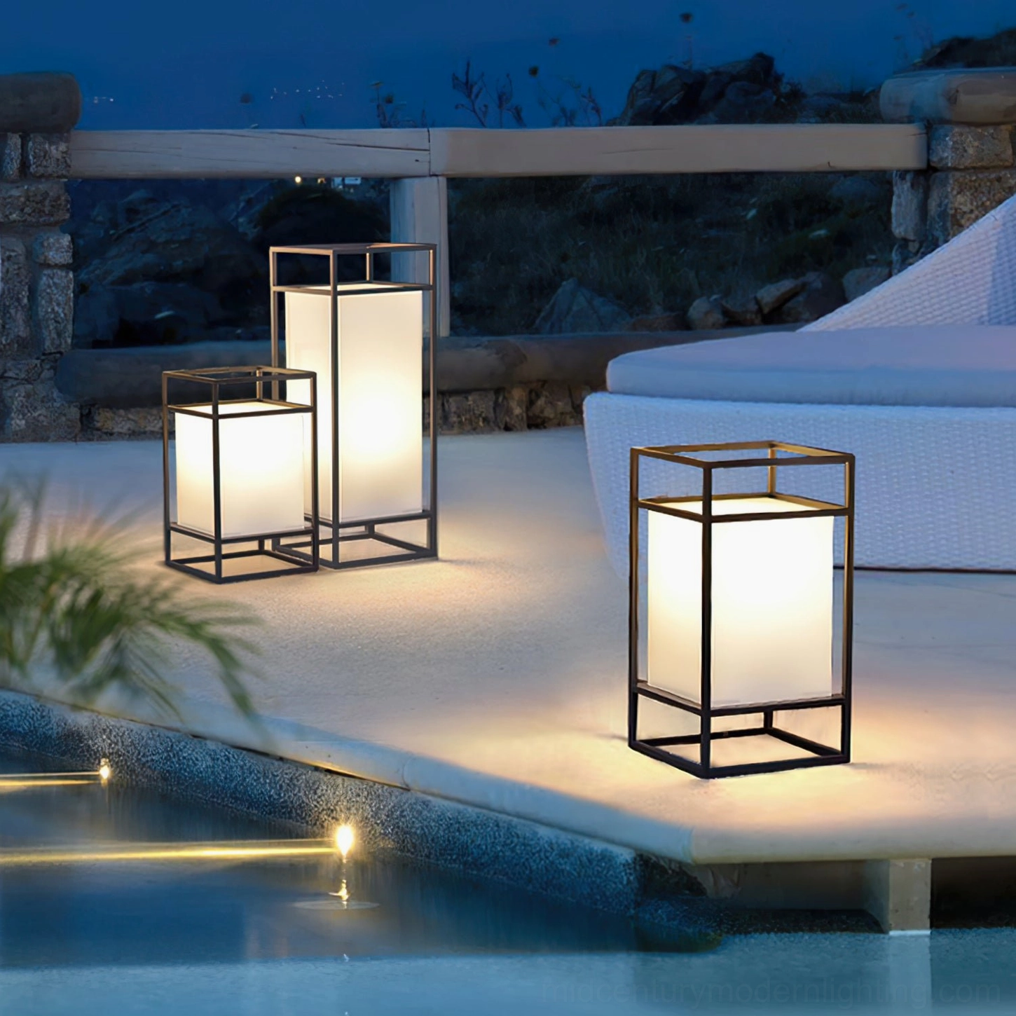 Cleo outdoor lanterns multiple sizes poolside lounge patio comparison