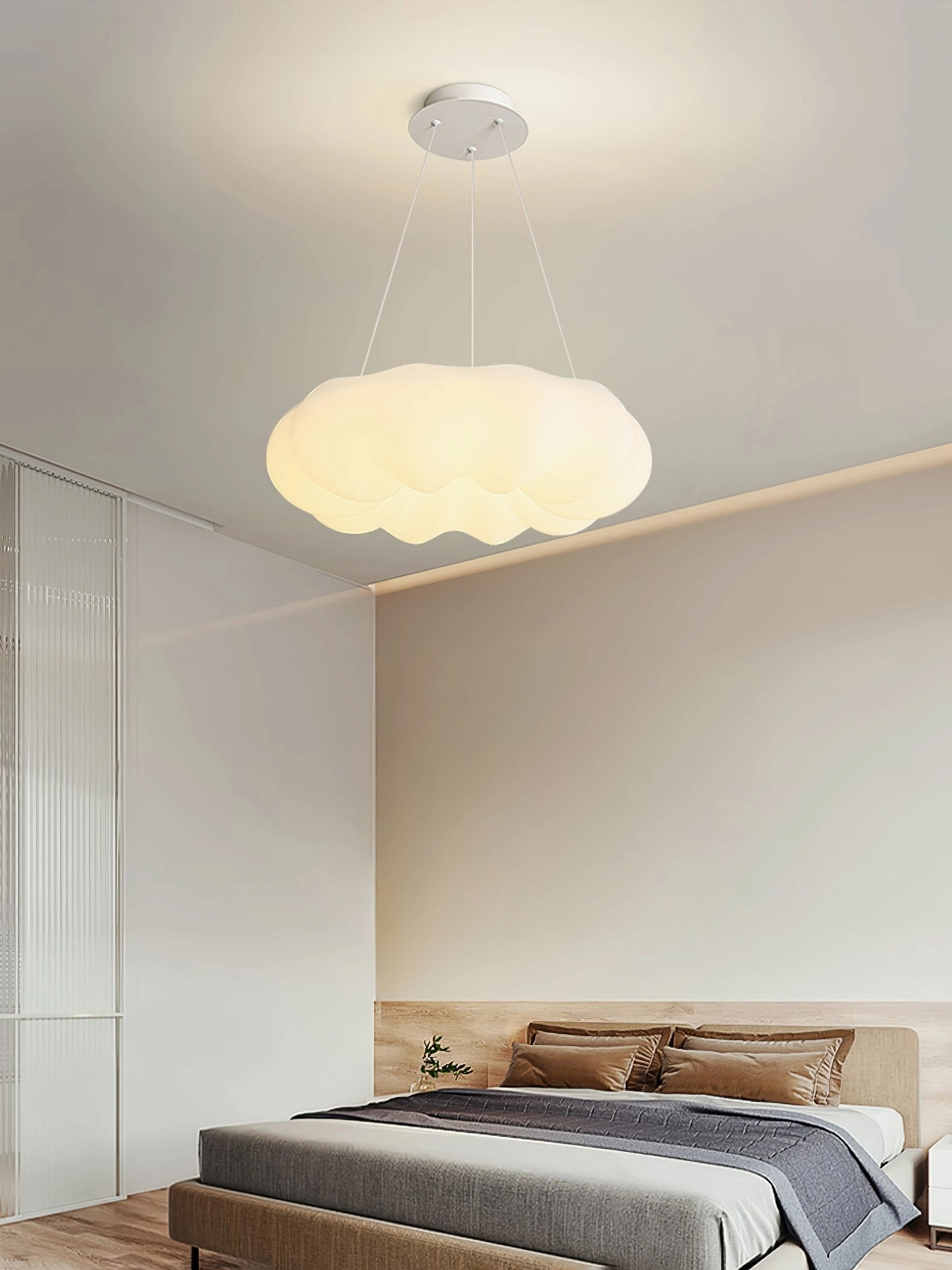 Cloud Kumo ceiling light warm lighting modern bedroom with platform bed