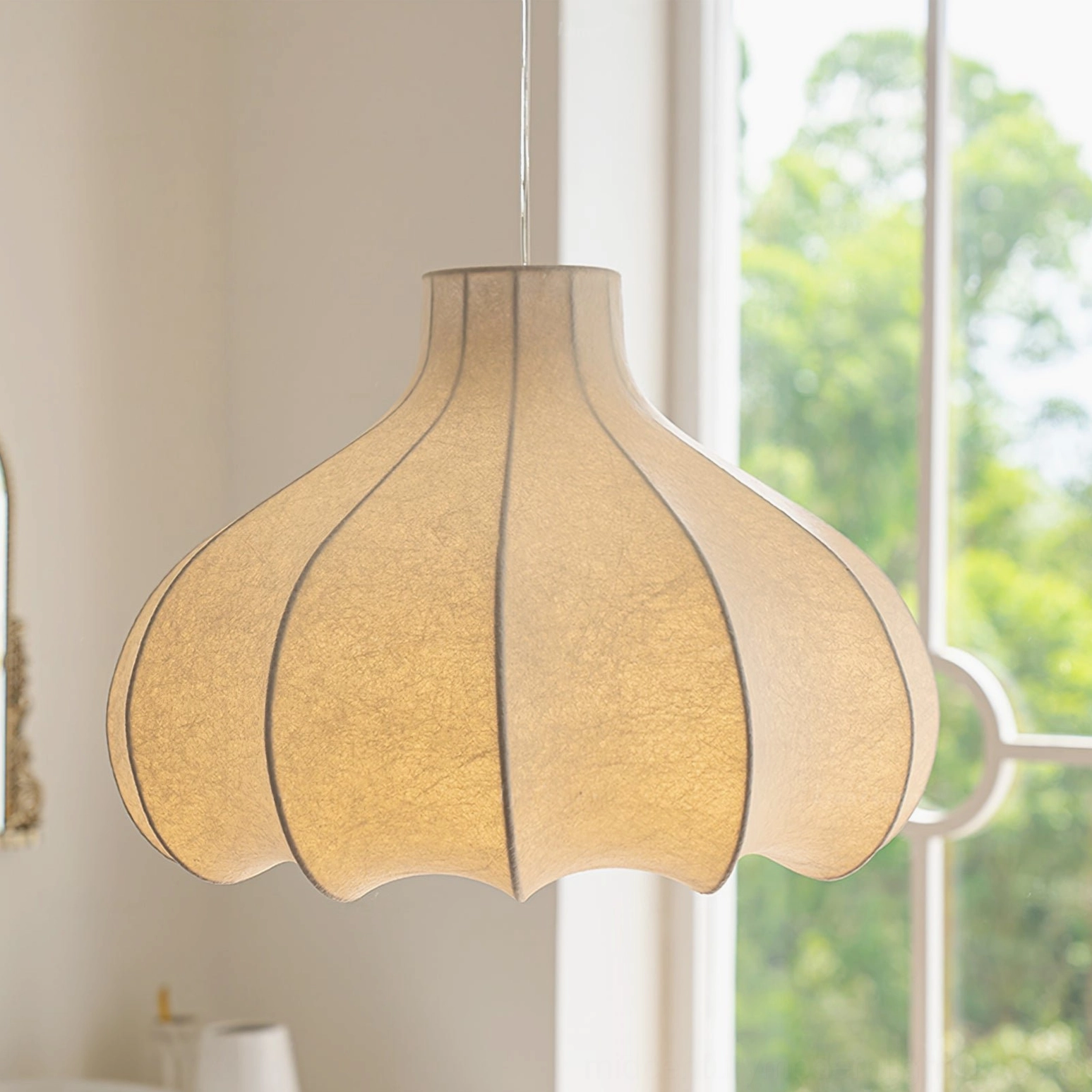Cocoon silk pendant lamp size comparison showing small and large diameter options for different room scales