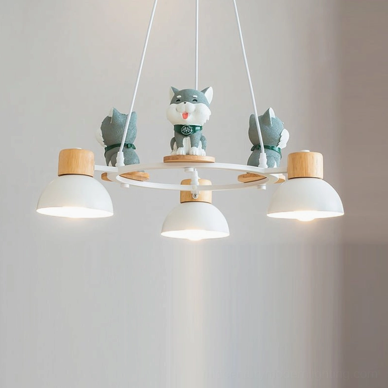 3-head Shiba Inu pendant chandelier in compact size, Nordic minimalist design against neutral background