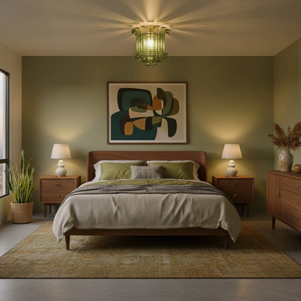 Compact green glass ceiling lamp flush mount, bedroom interior design, warm neutral master bedroom styling