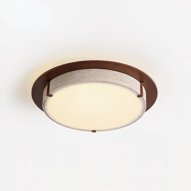 Small format travertine and walnut ceiling light 48cm diameter flush mount LED fixture modern design