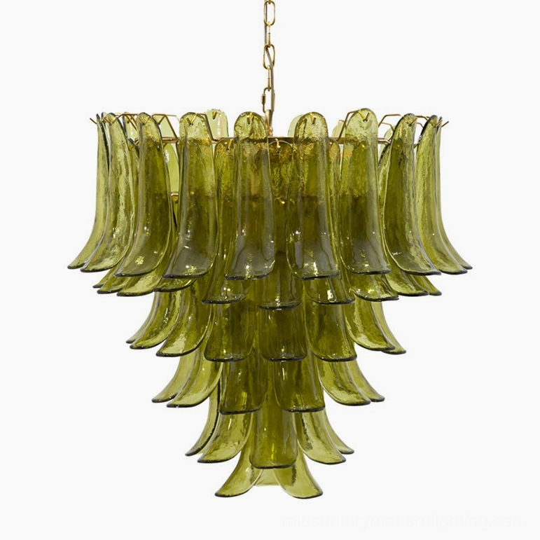 Compact Verdant Petalo mid-century modern glass chandelier in olive green and gold - product photography