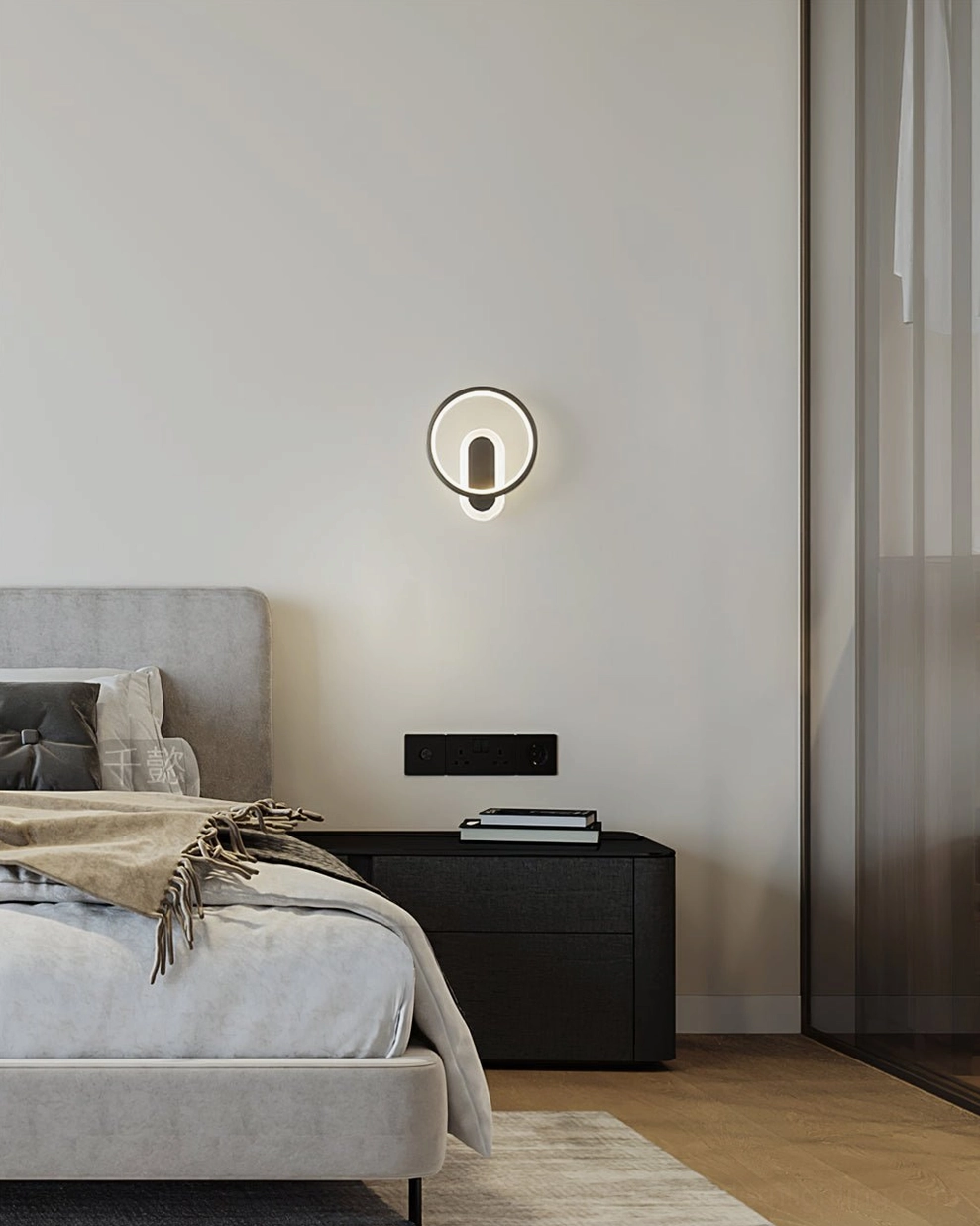 Compact modern wall lamp paired with small black nightstand minimalist bedroom design