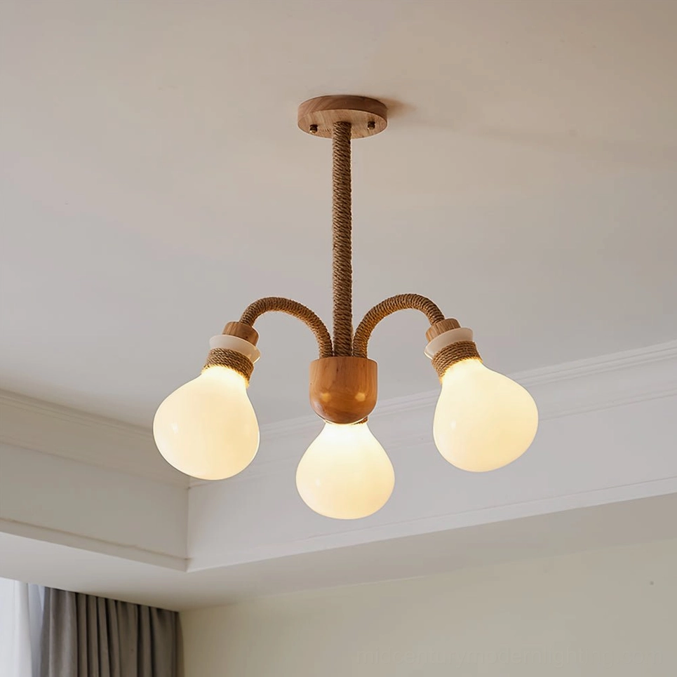 3-head compact wooden rope chandelier displaying hand-wrapped hemp rope and wood construction on white background