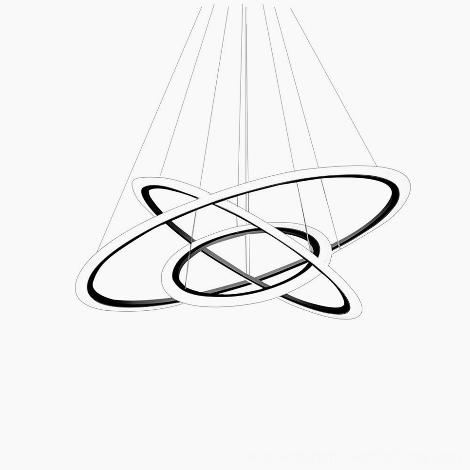 Complete modern ring chandelier system showing geometric concentric aluminum rings with LED light integration