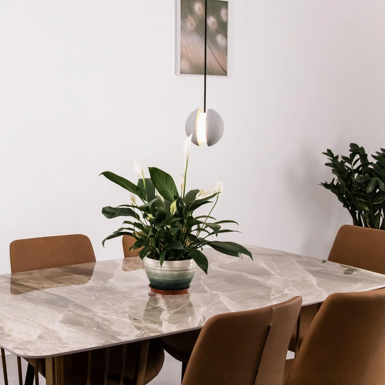 Concrete pendant lamp model installation detail showing fixture mounting and cord configuration