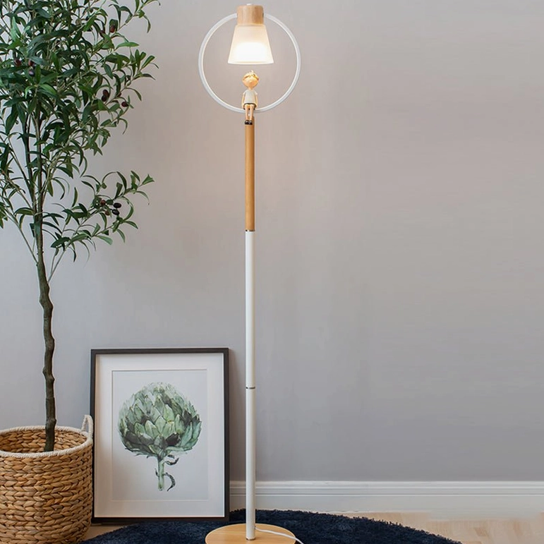 Cone arc floor lamp available in natural wood and white finish options for modern interiors