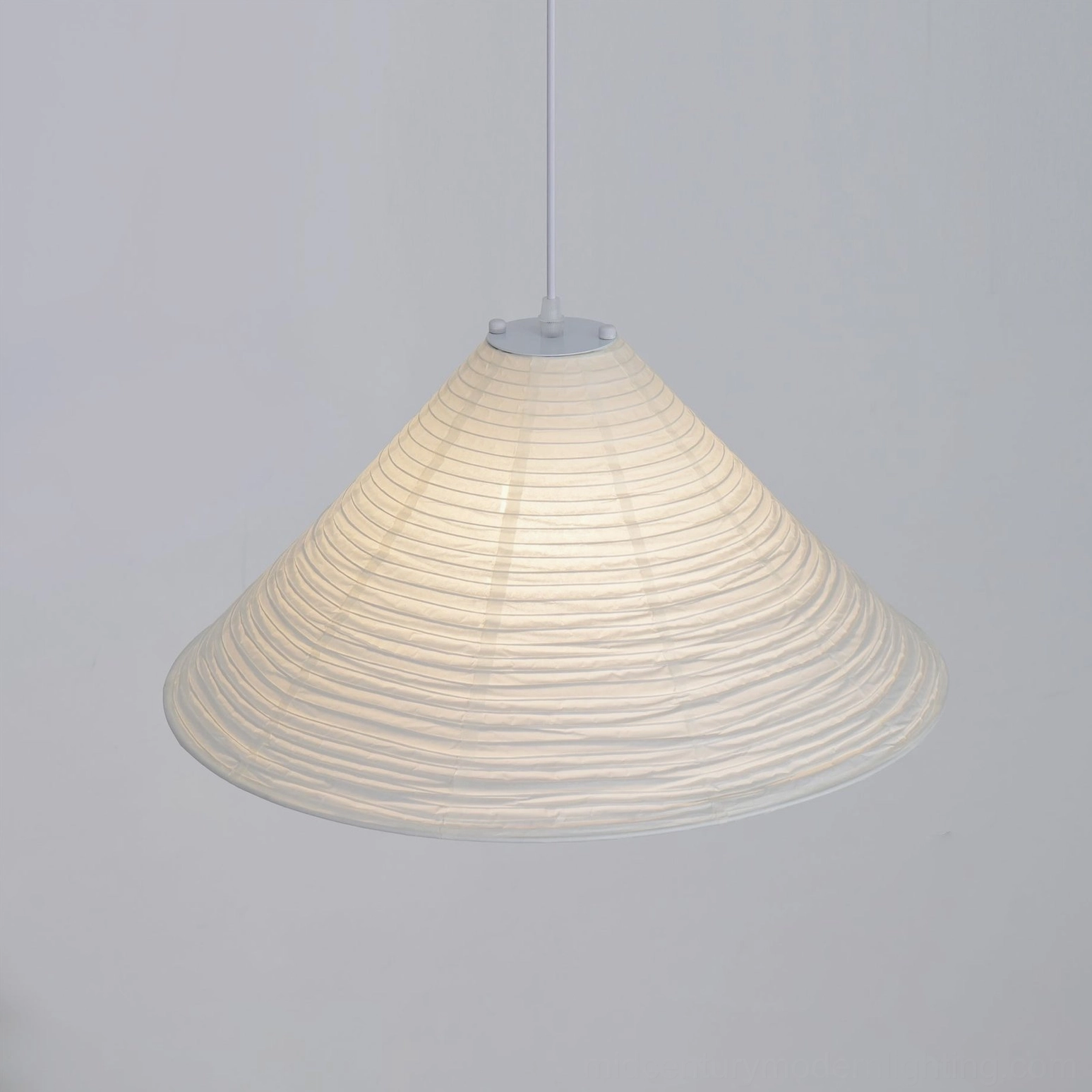 Frontal close-up view of Cone Washi Pendant Light with uniform ribbed paper texture on white background