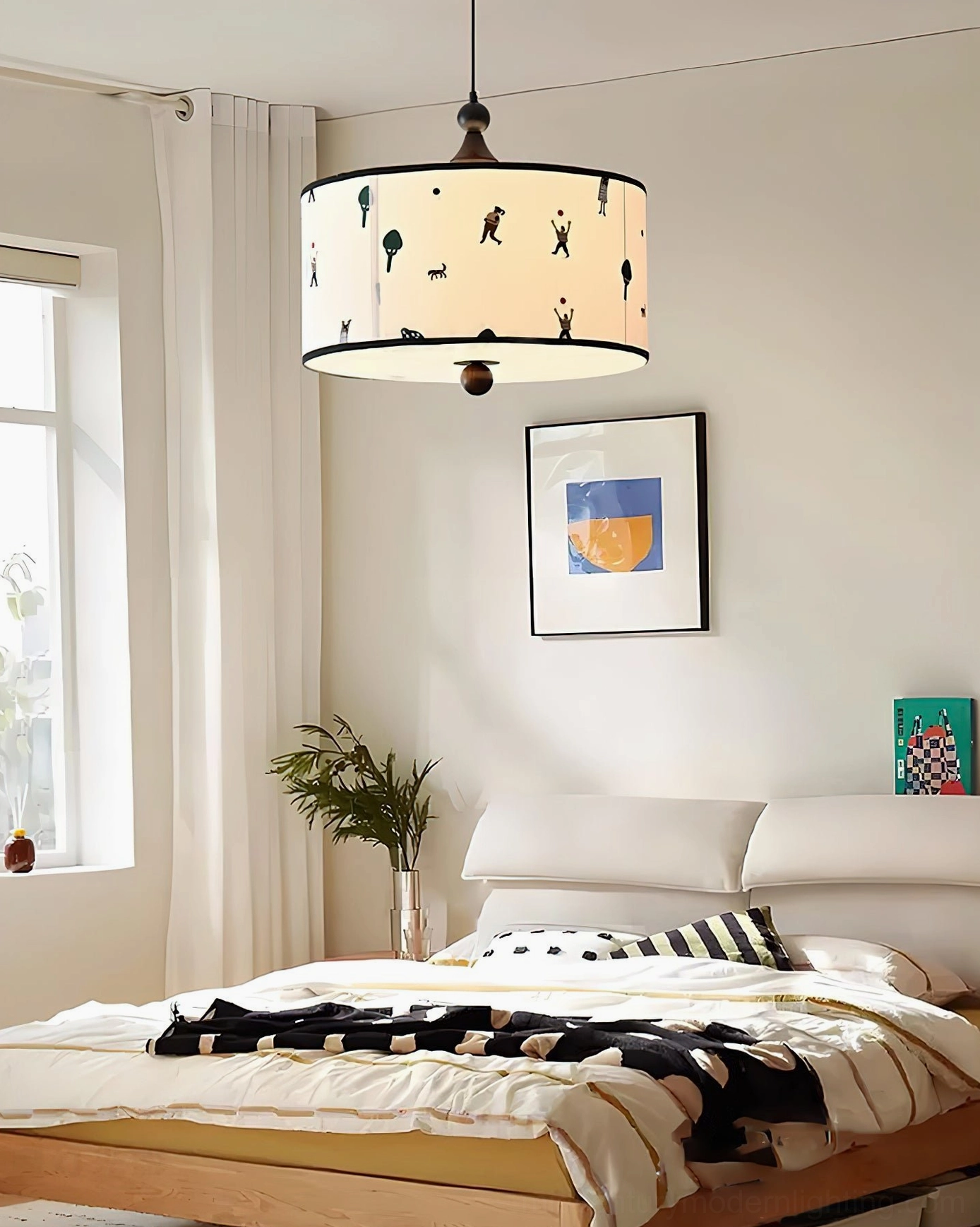 Congo fabric pendant with playful prints installed in minimalist bedroom space, side overhead angle showing clean fixture design