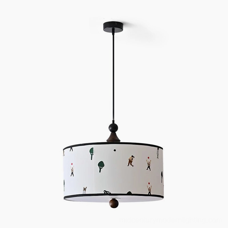 Complete Congo drum pendant light fixture showing metal frame, walnut finish, and illustrated fabric shade assembly