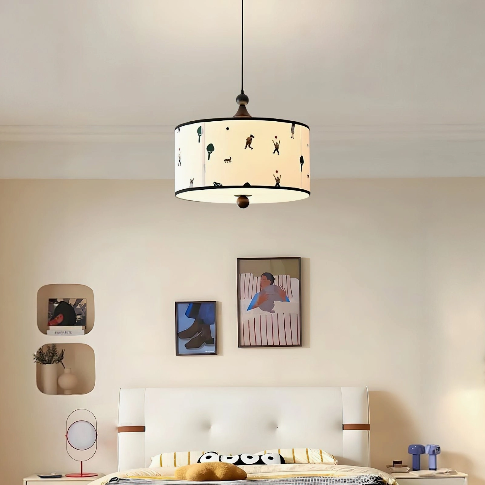 Whimsical drum pendant light hanging above upholstered bed in warm minimalist master bedroom, high angle view