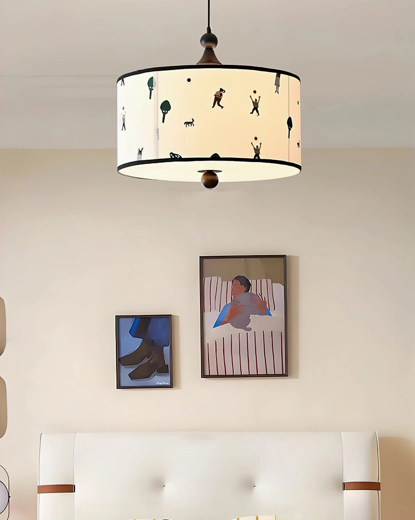 Compact cartoon printed fabric shade Congo pendant in Nordic aesthetic bedroom setting, front overhead view