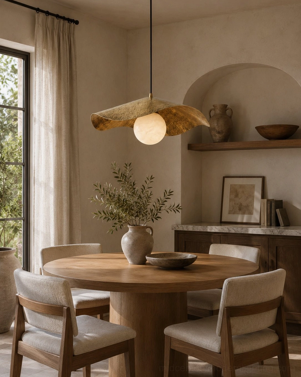 Minimalist alabaster pendant light hanging in cozy dining nook with built-in shelving and neutral warm interior tones
