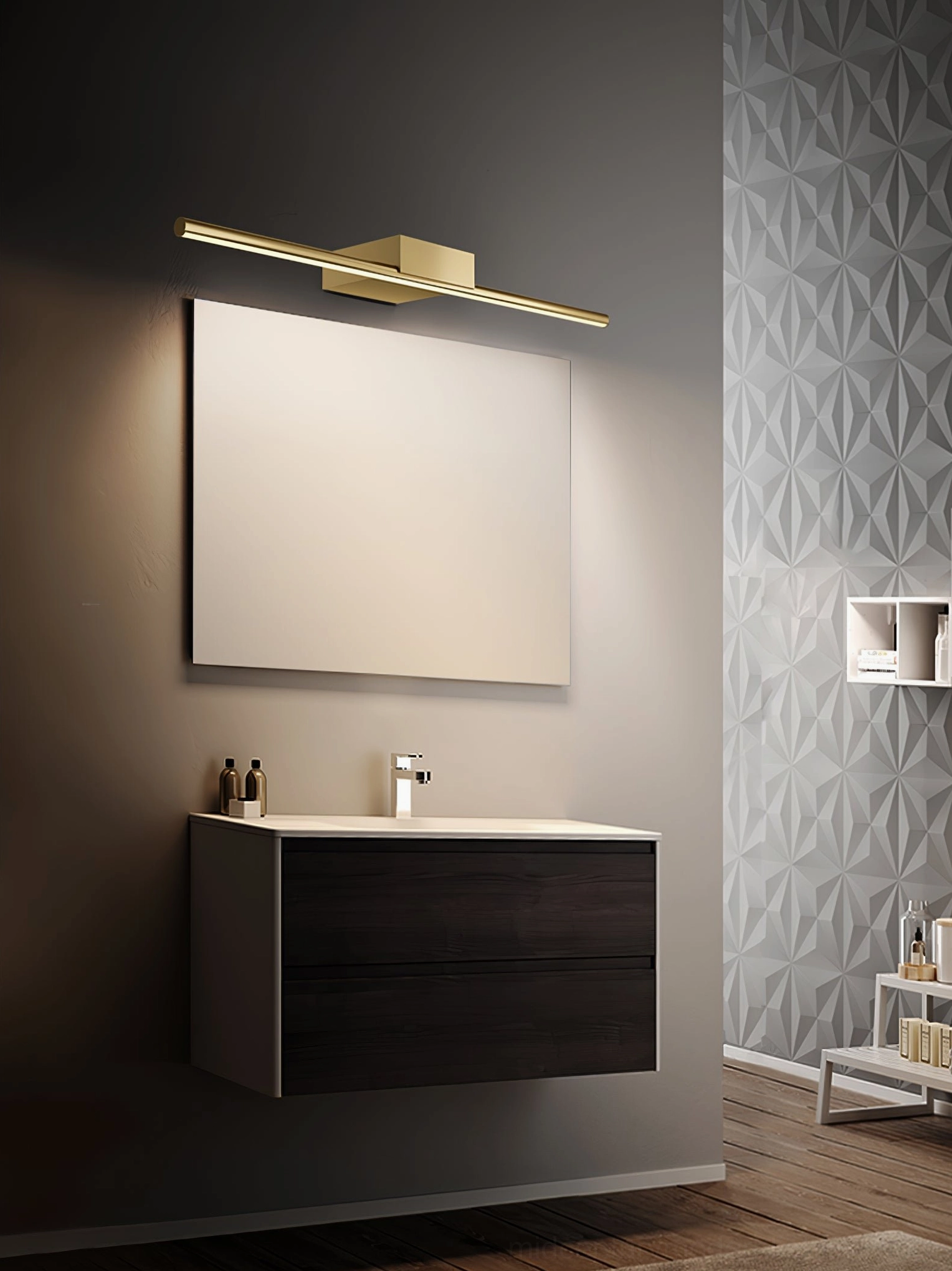 Contemporary bathroom lamp fixture with brass construction and cool light option